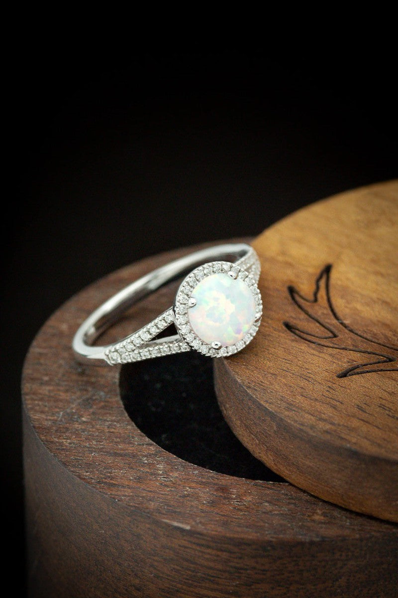 Shown here is The "Aura", a birthstone ring with a split shank-style & lab-created opal women's ring with delicate and ornate details and is available with many center stone options