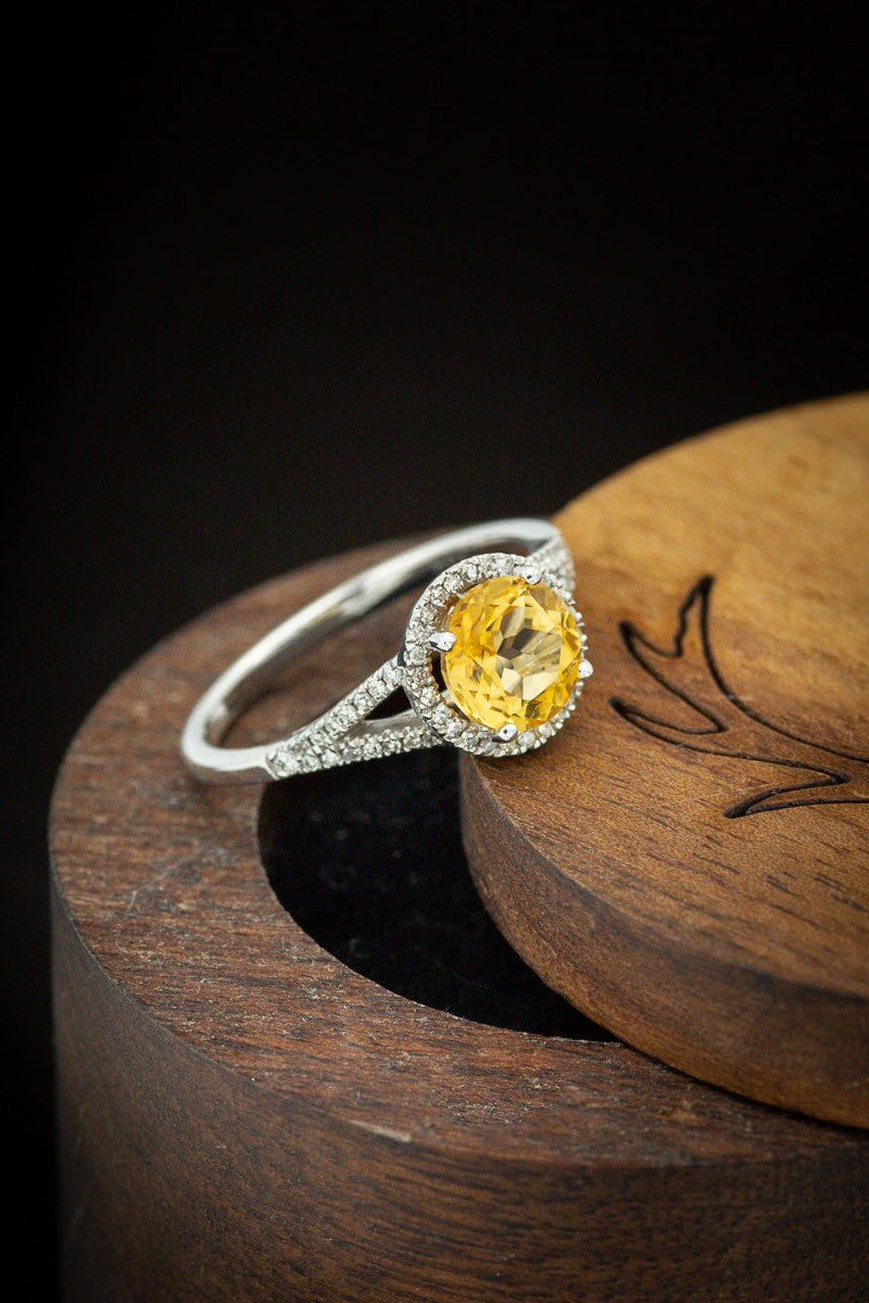 Shown here is the "Aura", a split shank-style & citrine  center stone women's birthstone ring with delicate and ornate details and is available with many center stone options