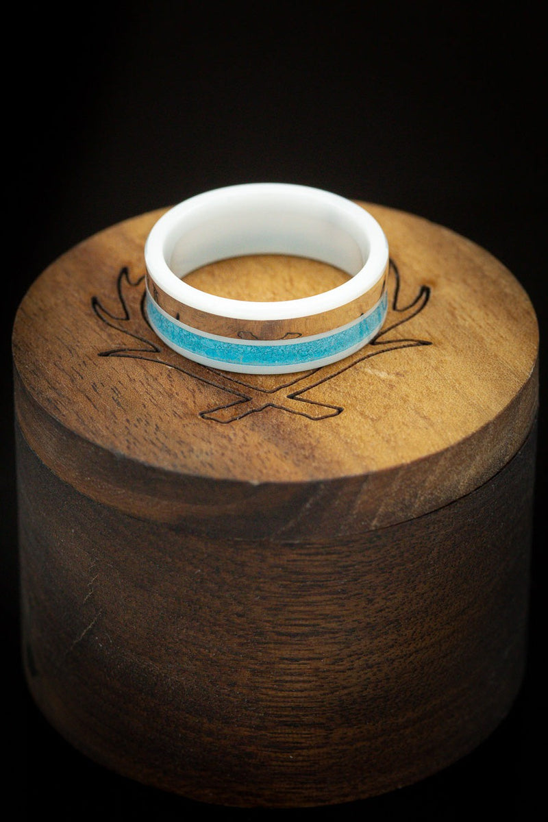 Shown here is "Dyad", a custom, handcrafted men's wedding ring featuring a 2 channel white ceramic band with a turquoise & 14K white gold inlay. Additional inlay options are available upon request.-Handmade Ceramic Wedding Band with White Gold & Turquoise - Staghead Designs