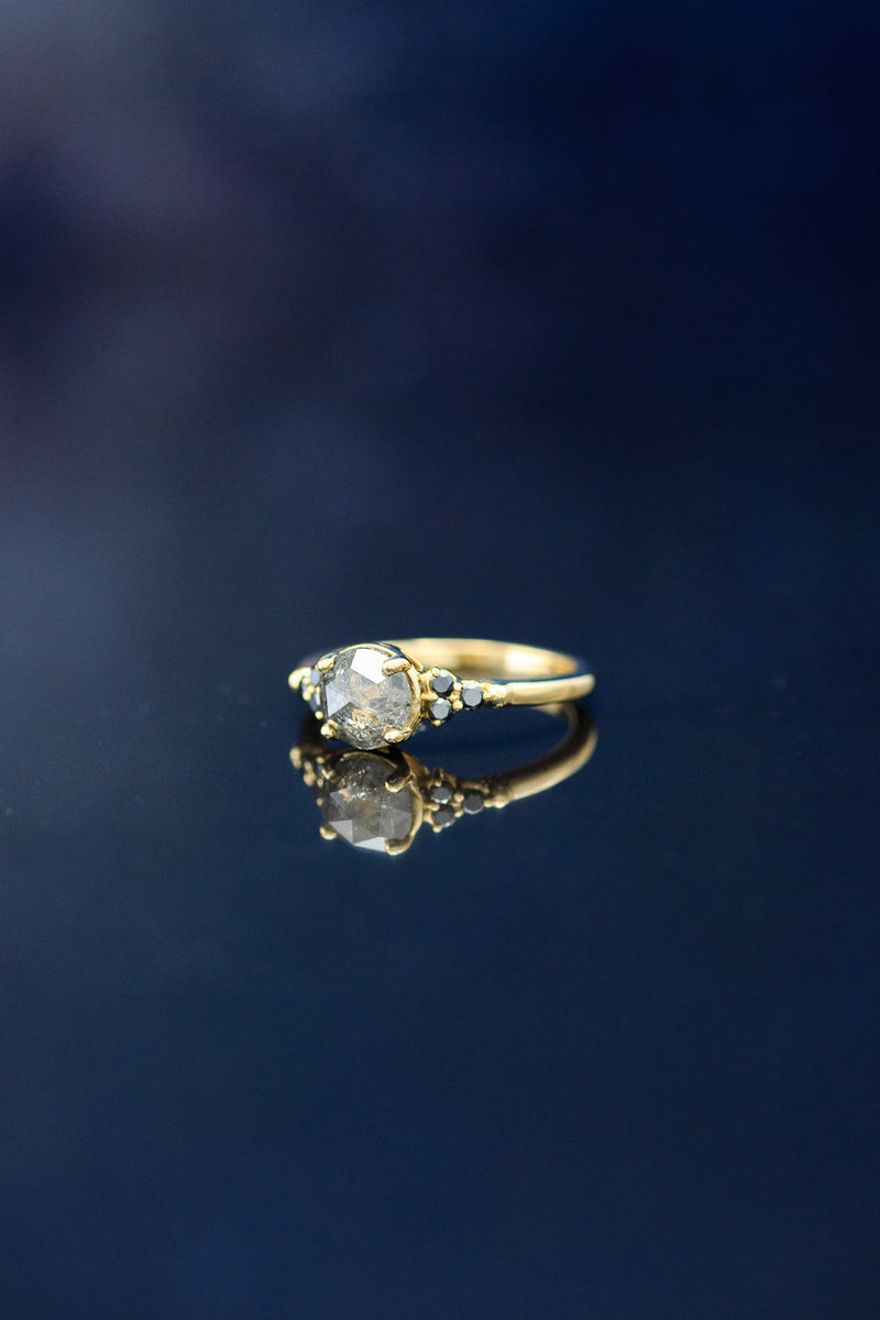 "BELATRIX" - ROSE CUT SALT & PEPPER DIAMOND ENGAGEMENT RING WITH BLACK DIAMOND ACCENTS