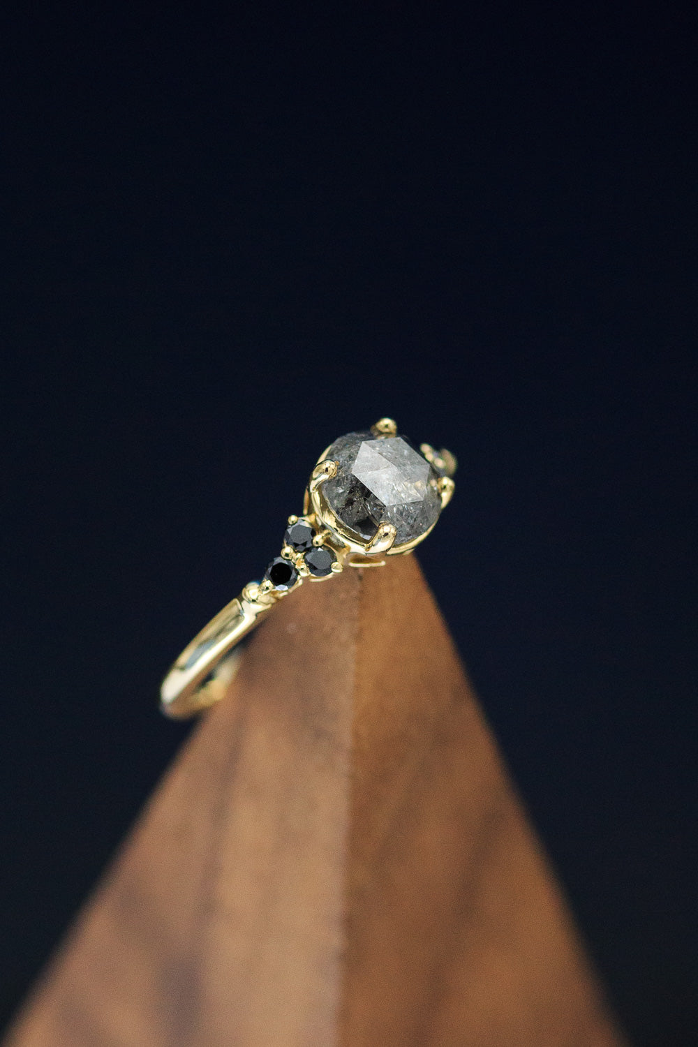 "BELATRIX" - ROSE CUT SALT & PEPPER DIAMOND ENGAGEMENT RING WITH BLACK DIAMOND ACCENTS-6