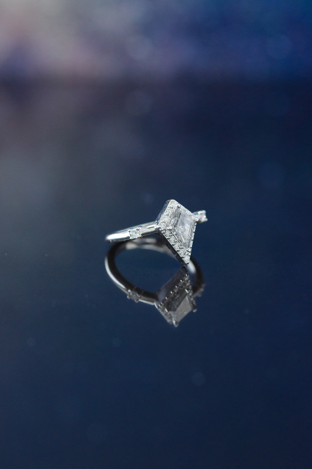 "LEIJA" - KITE CUT SALT & PEPPER ENGAGEMENT RING WITH DIAMOND HALO & ACCENTS-3