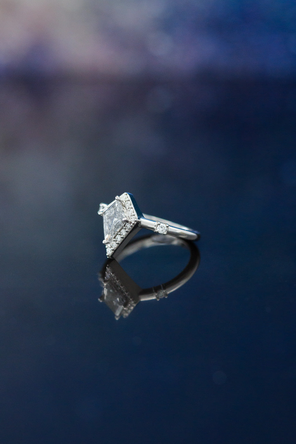 "LEIJA" - KITE CUT SALT & PEPPER ENGAGEMENT RING WITH DIAMOND HALO & ACCENTS-2