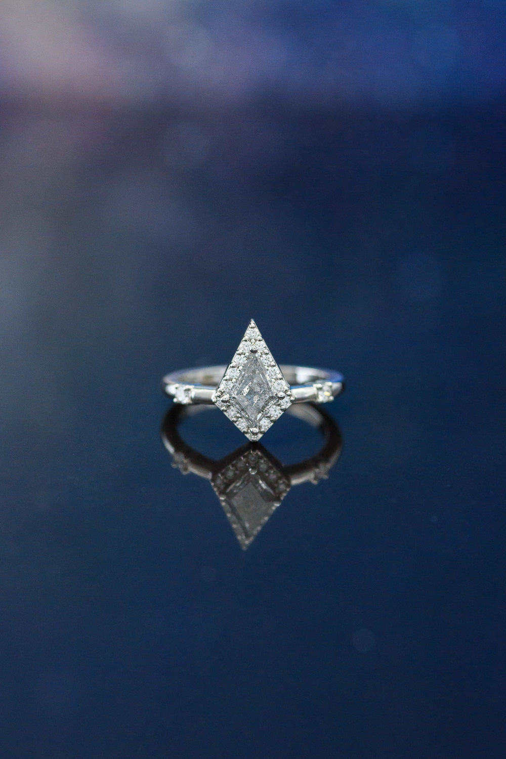 "LEIJA" - KITE CUT SALT & PEPPER ENGAGEMENT RING WITH DIAMOND HALO & ACCENTS-4