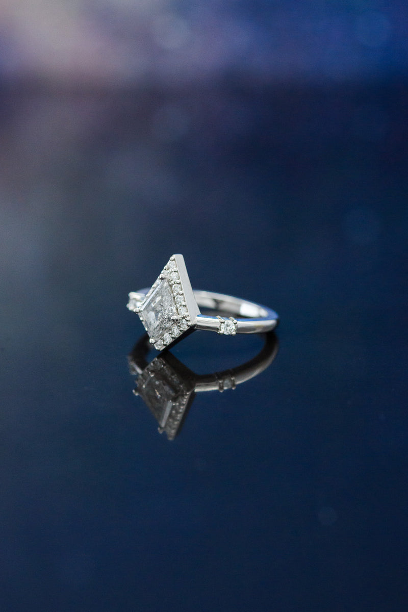 "LEIJA" - KITE CUT SALT & PEPPER ENGAGEMENT RING WITH DIAMOND HALO & ACCENTS