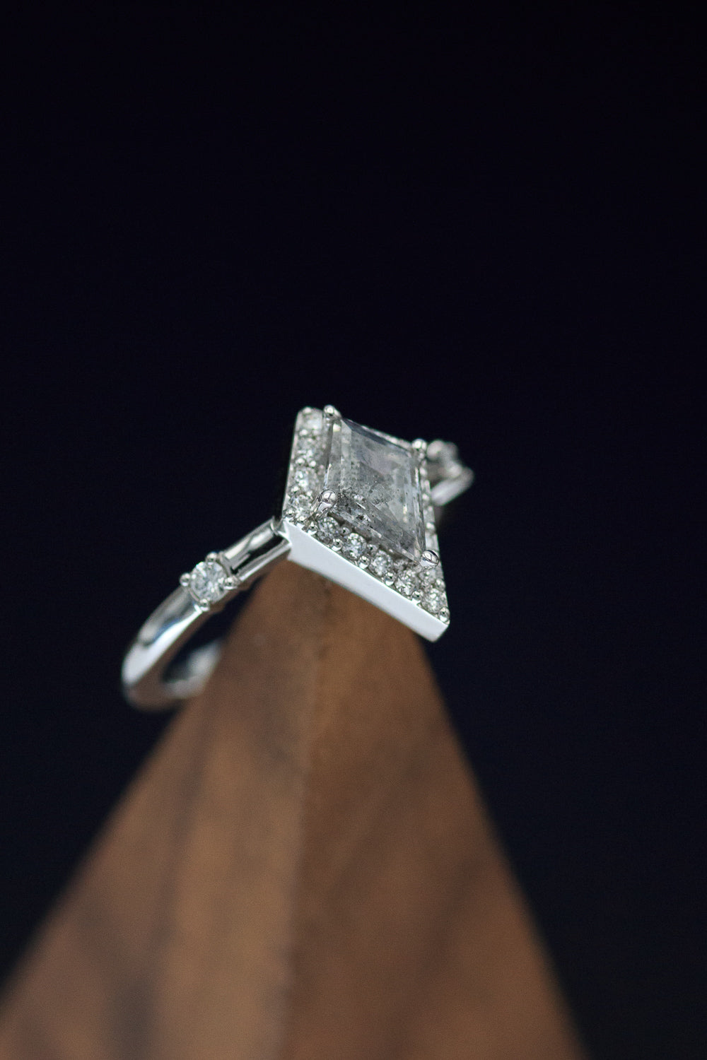 "LEIJA" - KITE CUT SALT & PEPPER ENGAGEMENT RING WITH DIAMOND HALO & ACCENTS-8