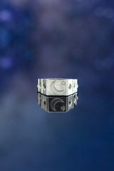"PERSEUS" - 14K GOLD SIGNET RING WITH CRESCENT MOON ENGRAVING & BLACK DIAMOND ACCENTS