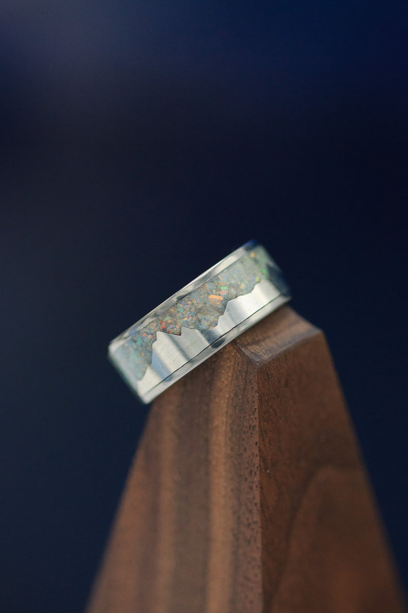 "HELIOS" - SILVER MOUNTAIN RANGE & FIRE AND ICE OPAL INLAY WEDDING BAND