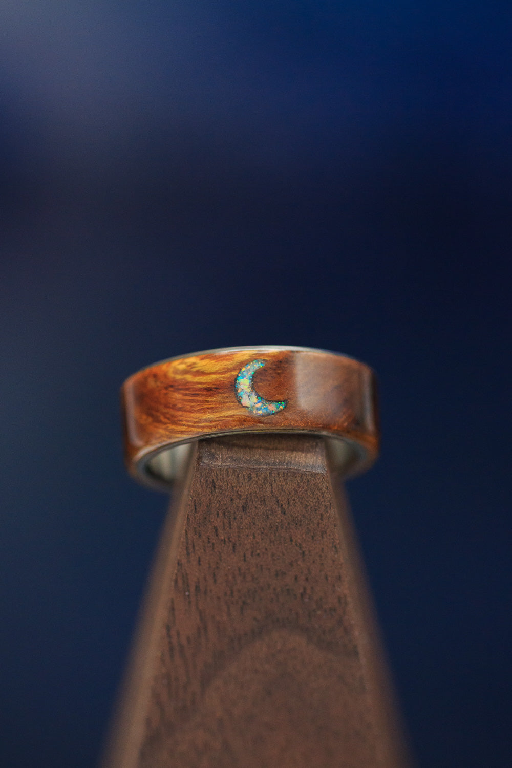 "THERON" - IRONWOOD WEDDING BAND WITH CRESCENT MOON ENGRAVING & FIRE AND ICE OPAL INLAY-9