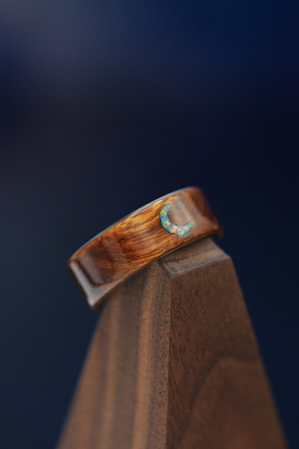 "THERON" - IRONWOOD WEDDING BAND WITH CRESCENT MOON ENGRAVING & FIRE AND ICE OPAL INLAY-10