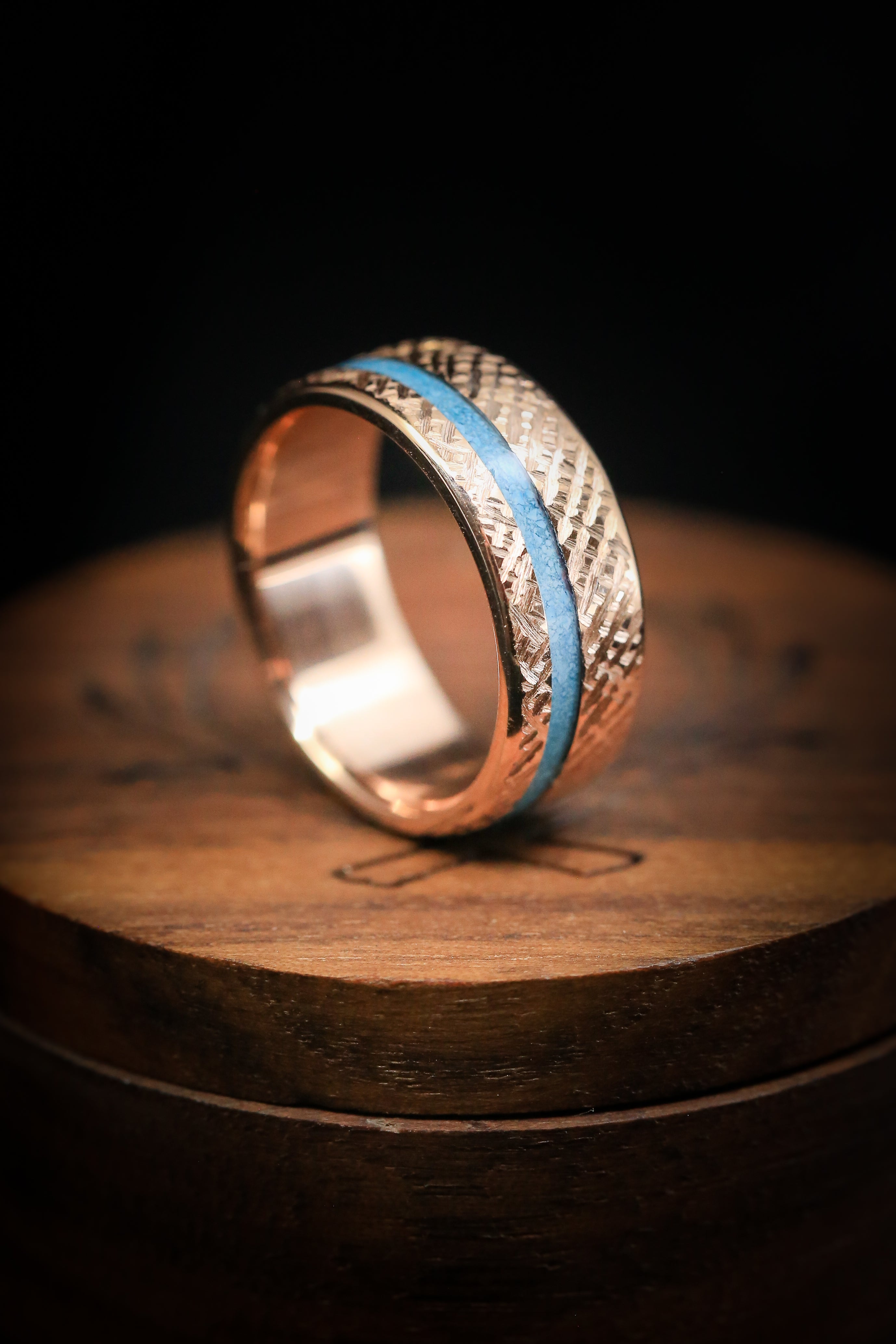 "VERTIGO" - TURQUOISE WEDDING BAND WITH CROSSHATCHED FINISH-8