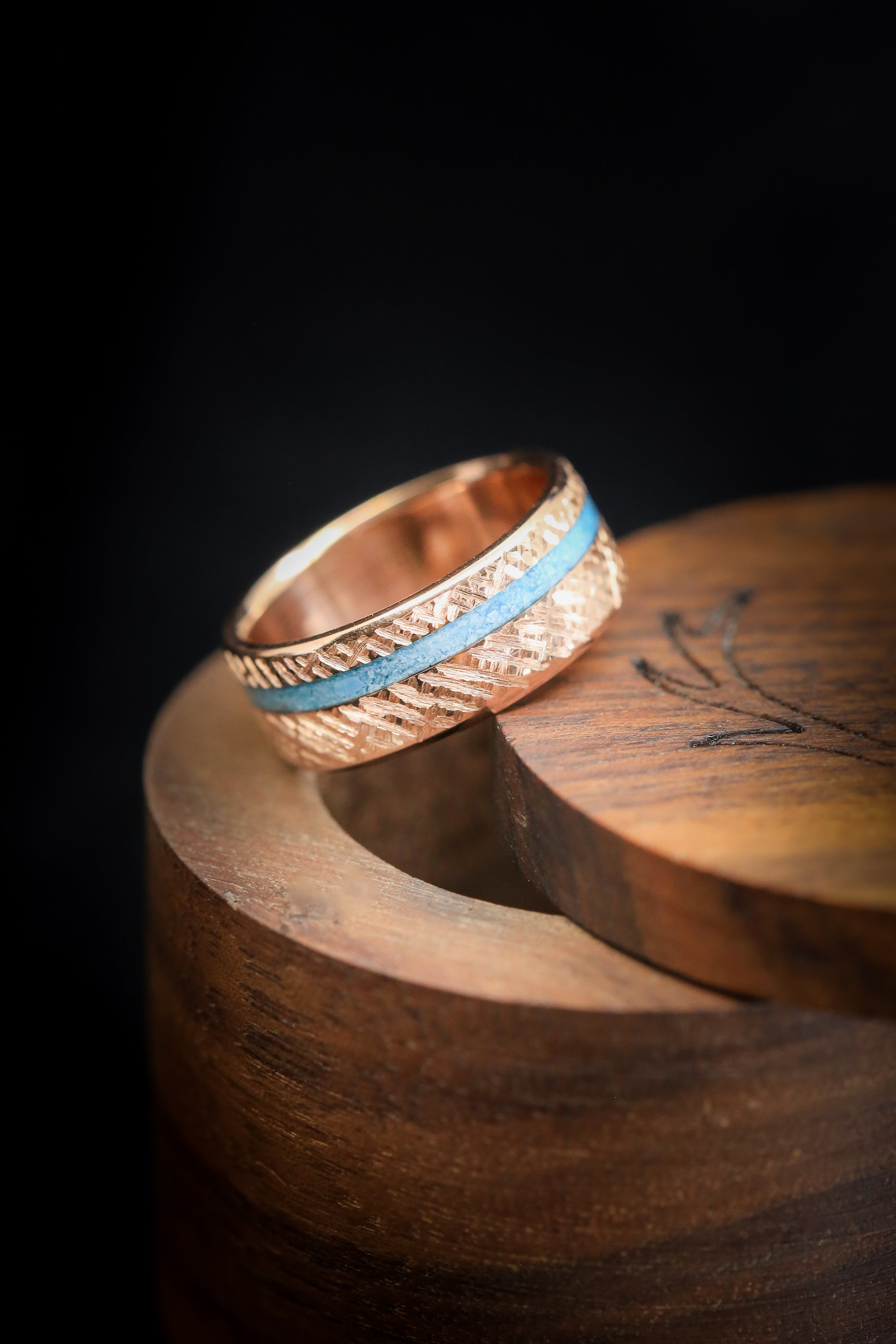 "VERTIGO" - TURQUOISE WEDDING BAND WITH CROSSHATCHED FINISH-10