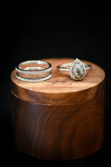 PEAR-SHAPED SALT & PEPPER DIAMOND WEDDING BAND SET WITH DIAMOND HALO & "XENA" RING GUARD