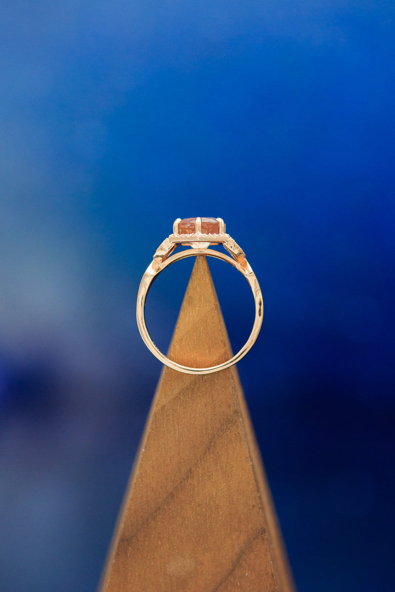 "LUCY IN THE SKY" - ROUND CUT OREGON SUNSTONE ENGAGEMENT RING WITH DIAMOND HALO AND FIRE & ICE OPAL INLAYS
