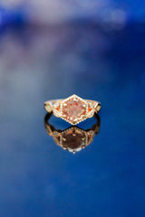 Shown here is The "Lucy in the Sky", a halo-style sunstone women's engagement ring with delicate and ornate details and is available with many center stone options, and is shown with fire & ice opal inlays on both sides.-14K Rose Gold Engagement Ring With Sunstone & Diamond Halo - Staghead Designs