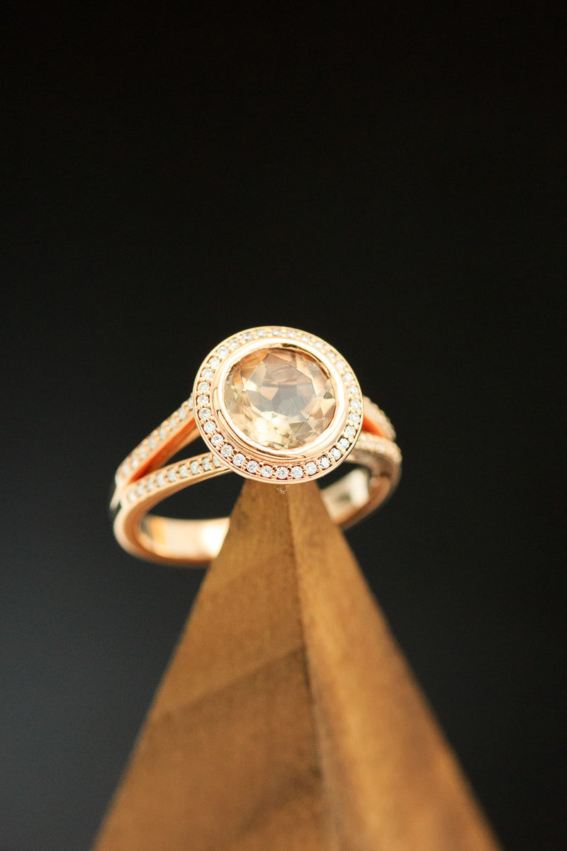 "DAWN" - ROUND CUT SUNSTONE ENGAGEMENT RING WITH DIAMOND ACCENTS