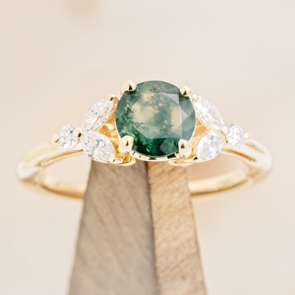 "BLOSSOM" - ROUND CUT MOSS AGATE ENGAGEMENT RING WITH LEAF-SHAPED DIAMOND ACCENTS-7