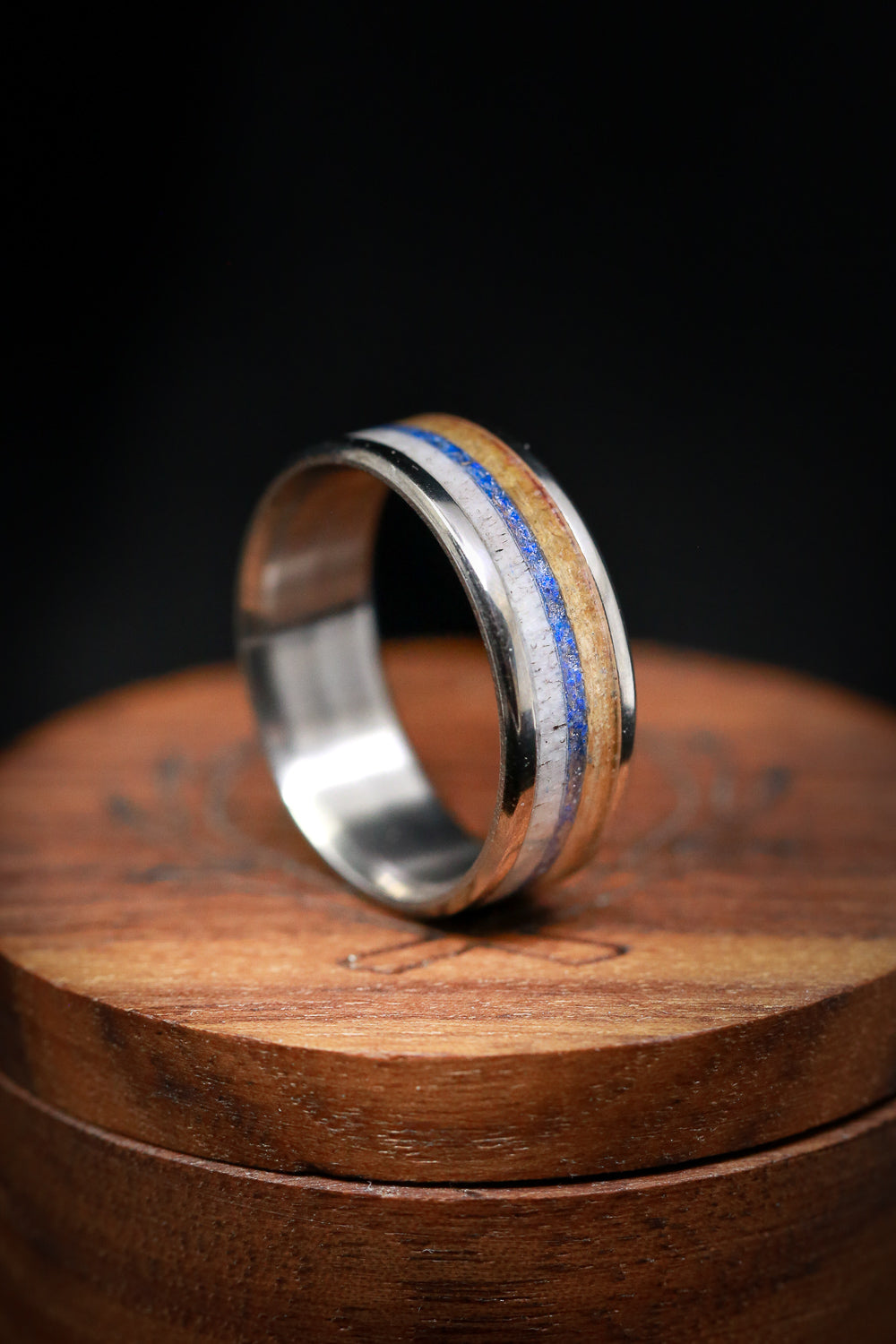 "RAINIER" - ANTLER, LAPIS LAZULI & WHISKEY BARREL OAK WEDDING BAND-7