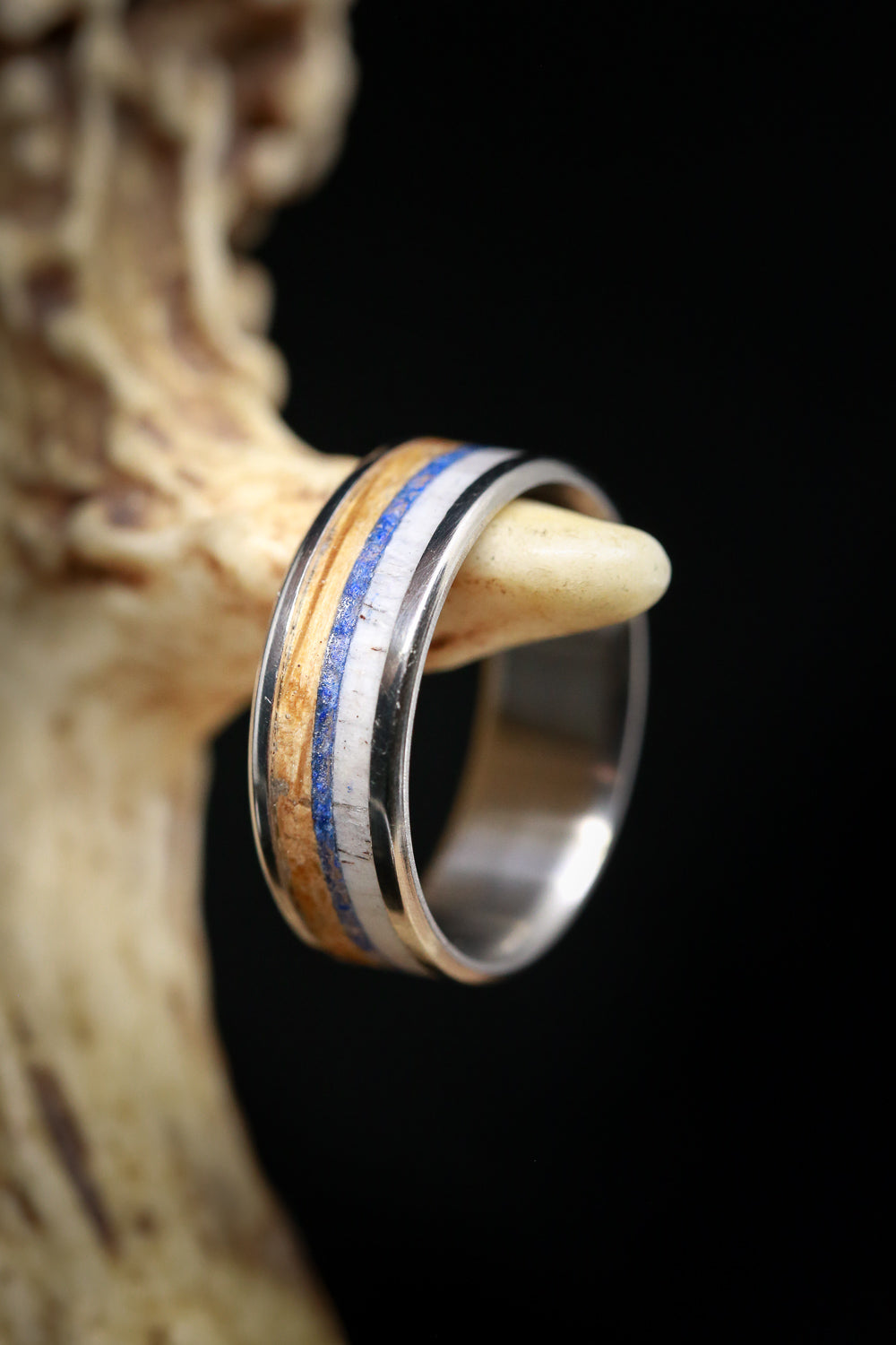 "RAINIER" - ANTLER, LAPIS LAZULI & WHISKEY BARREL OAK WEDDING BAND-9