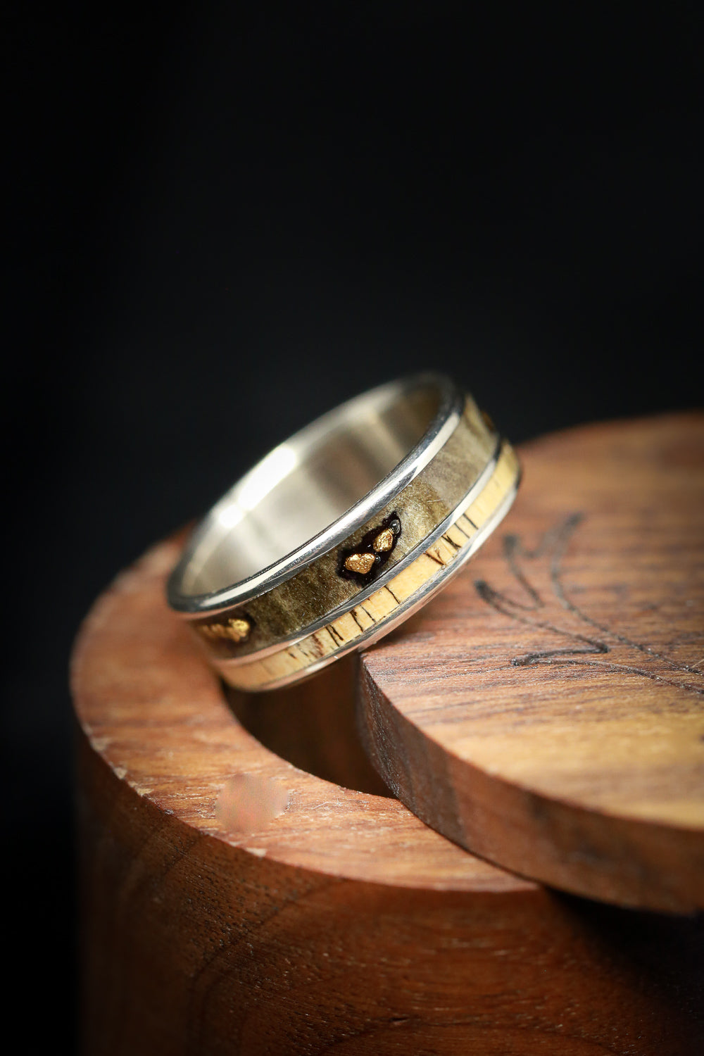 "RAPTOR" - ALASKAN PANNED GOLD NUGGETS SET IN BUCKEYE BURL & SPALTED MAPLE WOOD WEDDING RING-3