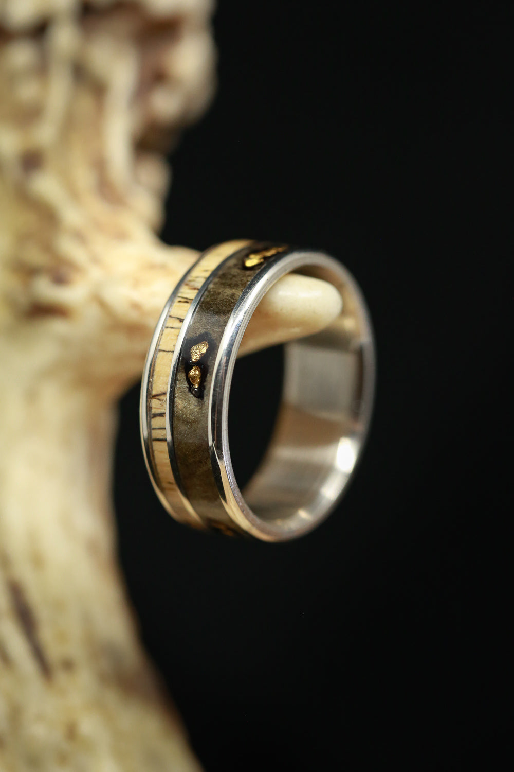 "RAPTOR" - ALASKAN PANNED GOLD NUGGETS SET IN BUCKEYE BURL & SPALTED MAPLE WOOD WEDDING RING-4