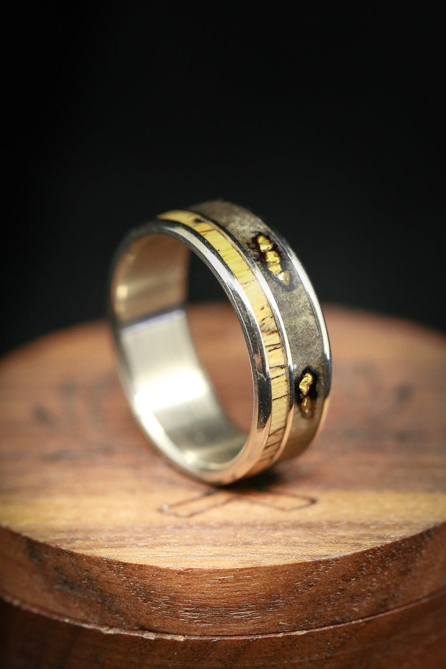 "RAPTOR" - ALASKAN PANNED GOLD NUGGETS SET IN BUCKEYE BURL & SPALTED MAPLE WOOD WEDDING RING-1