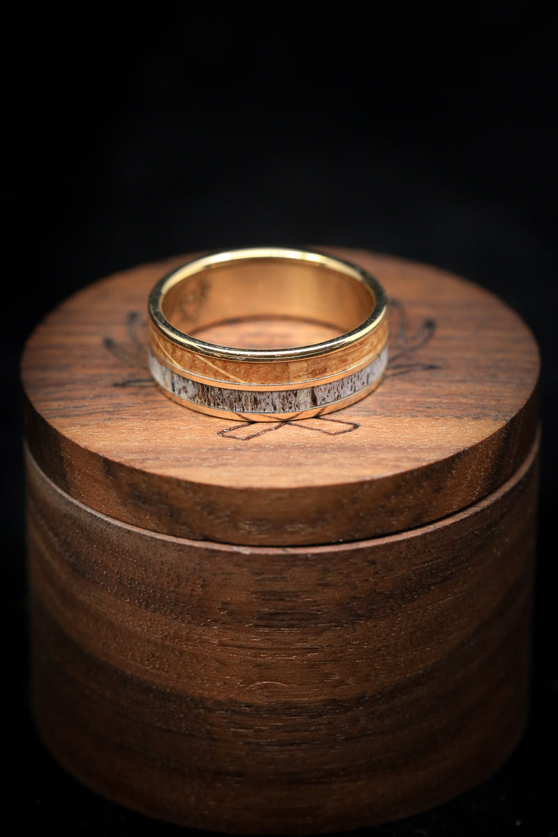 "DYAD" - MATCHING SET OF ANTLER & WHISKEY BARREL WOOD WEDDING BANDS-5