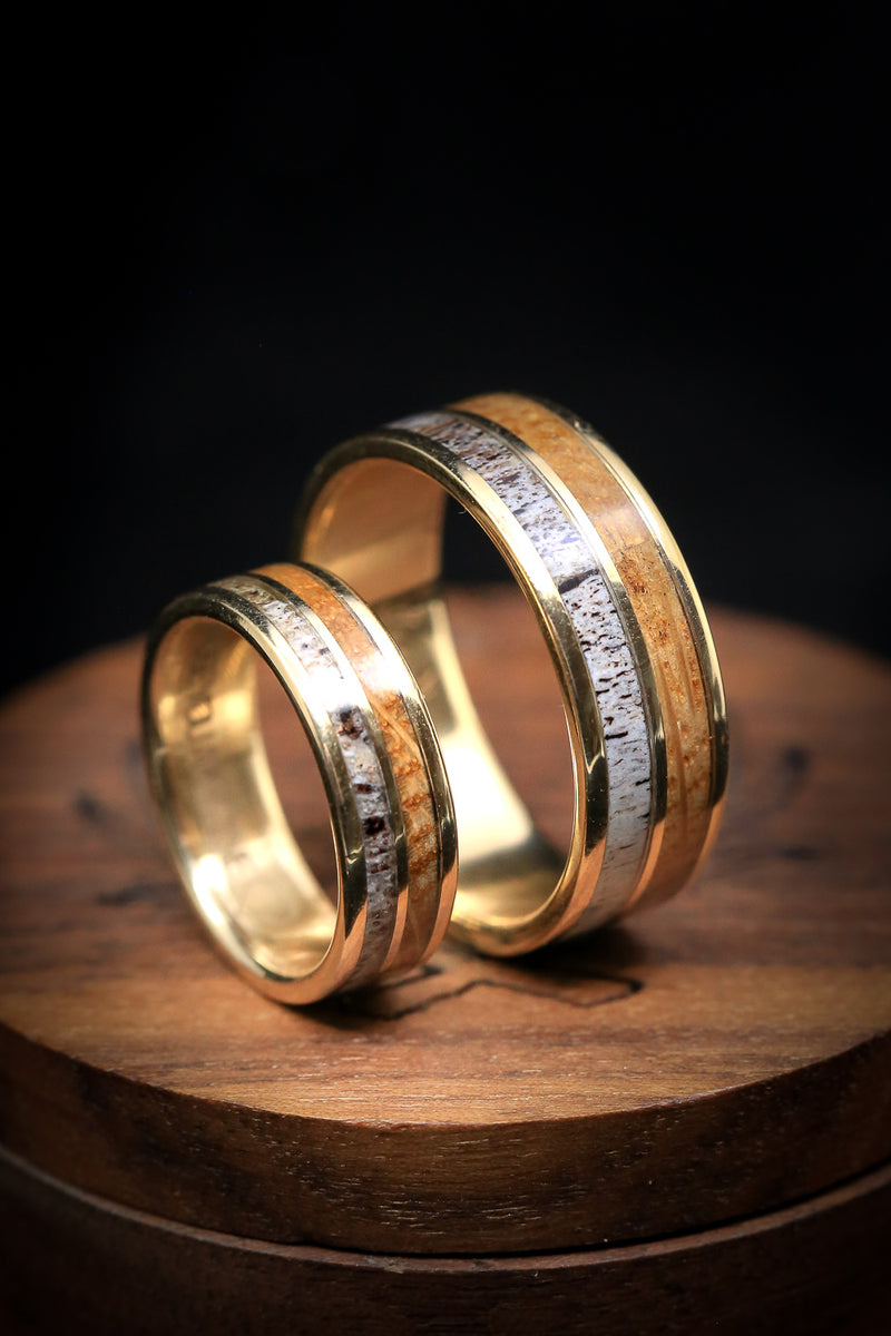 "DYAD" - MATCHING SET OF ANTLER & WHISKEY BARREL WOOD WEDDING BANDS-2