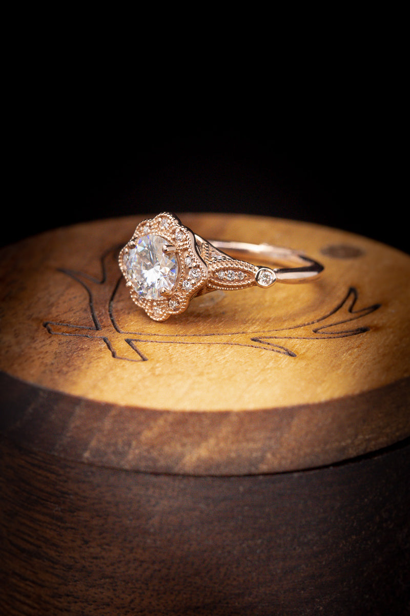 Shown here is A vintage-style moissanite women's engagement ring with delicate and ornate details and is available with many center stone options-Vintage Engagement Ring Styled Band with Moissanite Center and Diamond Accents - Staghead Designs