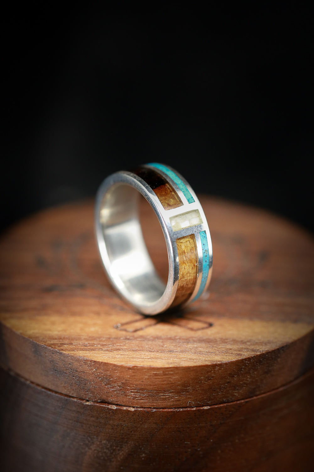 "BOWER" - MOTHER OF PEARL, TURQUOISE & IRONWOOD WEDDING BAND-4