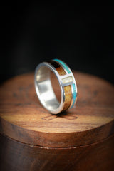 Shown here is A custom, handcrafted men's wedding ring featuring a silver base with a vertical channel mother of pearl as well as a turquoise and ironwood inlay. Additional inlay options are available upon request.-Silver Men's Wedding Band With Mother Of Pearl Stone, Ironwood & Turquoise Inlays - Staghead Designs 