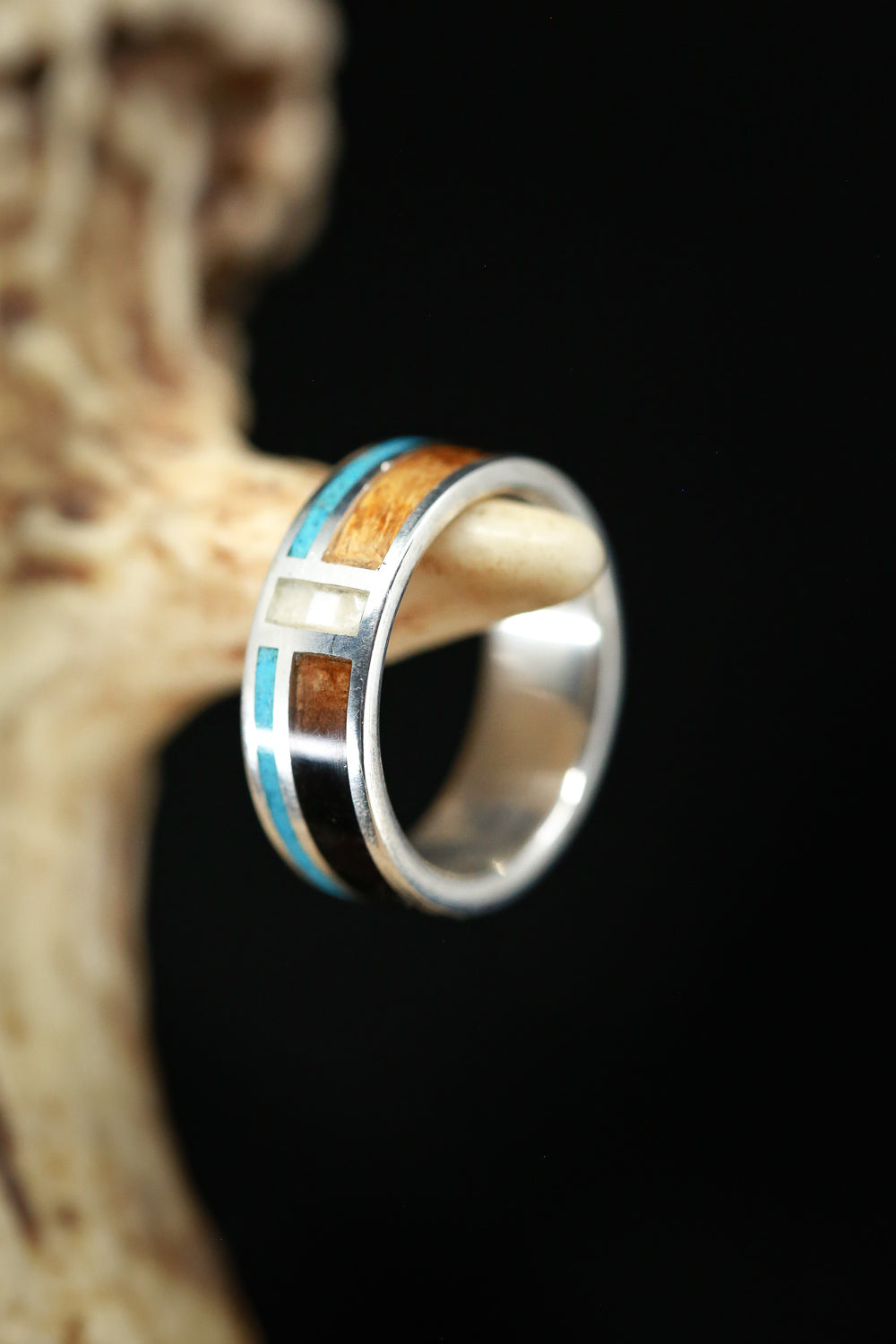 "BOWER" - MOTHER OF PEARL, TURQUOISE & IRONWOOD WEDDING BAND-6