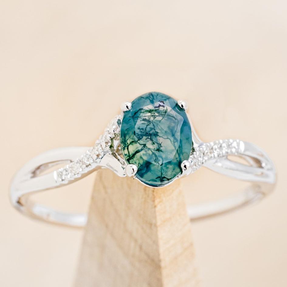 "ROSLYN" - OVAL MOSS AGATE ENGAGEMENT RING WITH DIAMOND ACCENTS-14