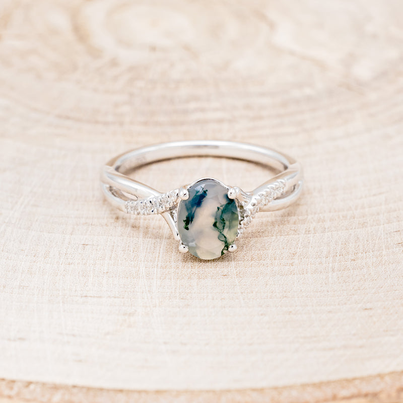 "ROSLYN" - OVAL MOSS AGATE ENGAGEMENT RING WITH DIAMOND ACCENTS