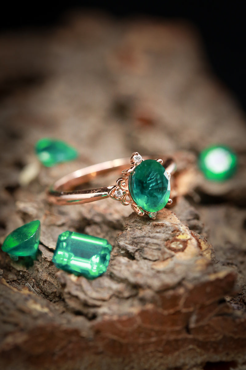 Shown here is The ZELLA, an Accented-Style Lab-Created Emerald Women's Engagement Ring With Delicate and Ornate Details and is Available With Many Center Stone Options-14K Gold Engagement Ring With Chatham Emeralds