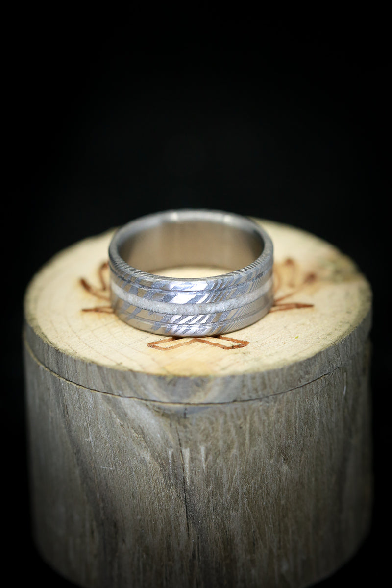 "AUSTIN" - ANTLER WEDDING RING FEATURING A DAMASCUS STEEL BAND - READY TO SHIP
