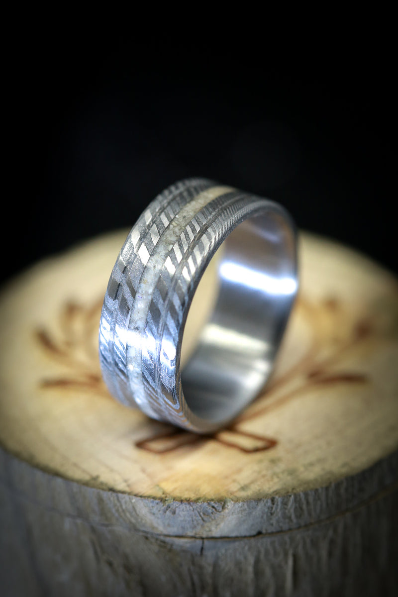 "AUSTIN" - ANTLER WEDDING RING FEATURING A DAMASCUS STEEL BAND - READY TO SHIP