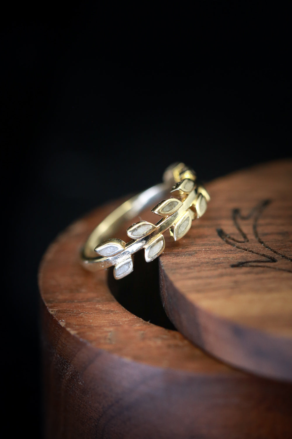 14K GOLD LEAF RING WITH ANTLER INLAYS-7