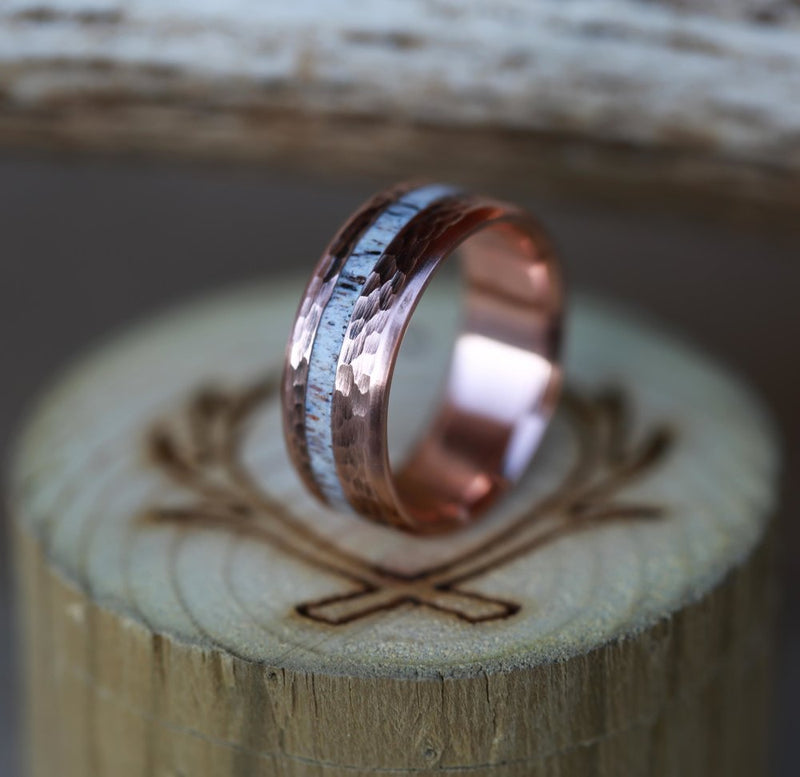 "VERTIGO" IN HAMMERED TITANIUM WITH OFFSET ELK ANTLER INLAY (available in titanium, silver, black zirconium, damascus steel & 14K white, rose or yellow gold) - Staghead Designs - Antler Rings By Staghead Designs