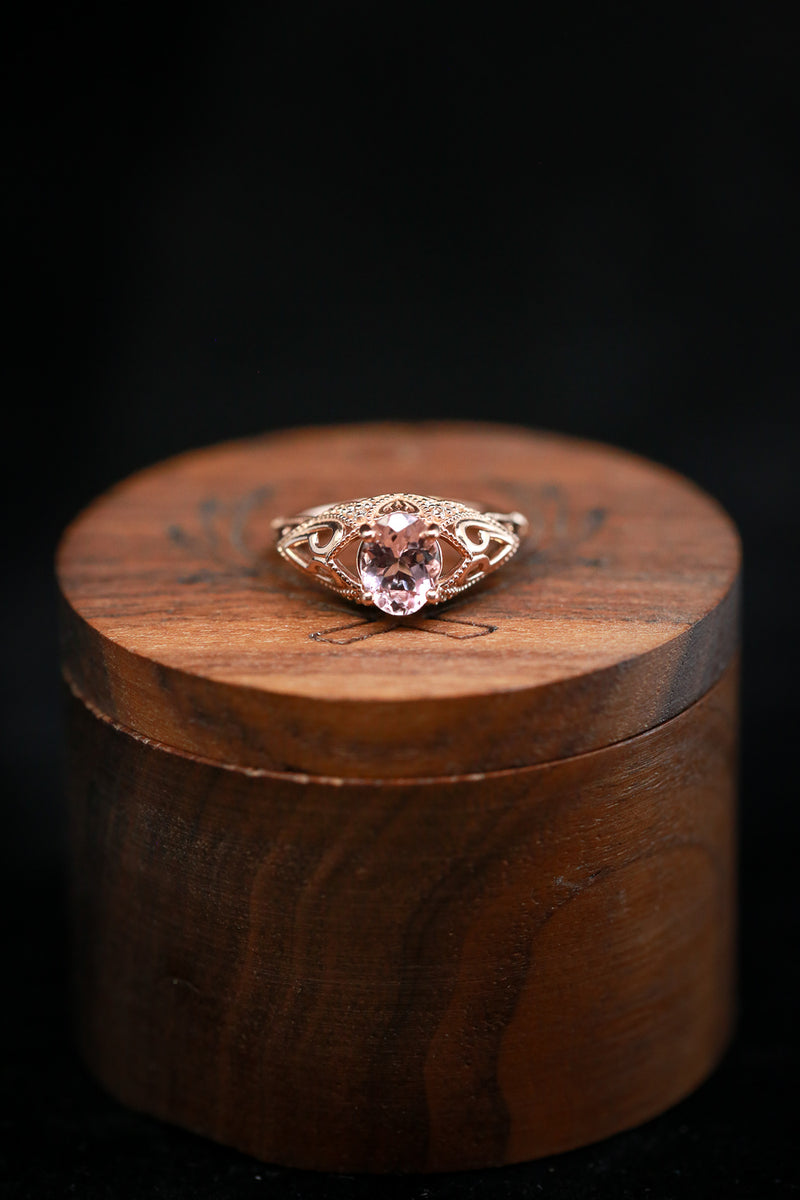 Shown here is  The "Relica", a vintage-style morganite women's engagement ring with delicate and ornate details and is available with many center stone options-14K Gold Vintage Style Engagement Ring With Morganite - Staghead Designs