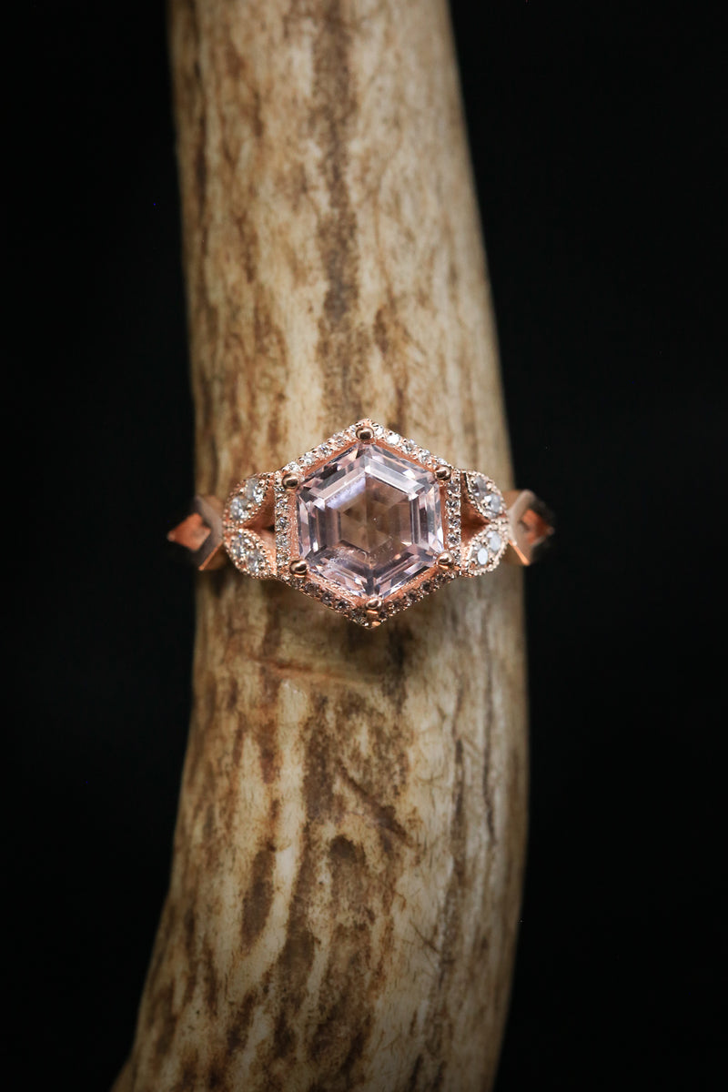 "LUCY IN THE SKY" - HEXAGON MORGANITE ENGAGEMENT RING WITH DIAMOND ACCENTS & INLAYS