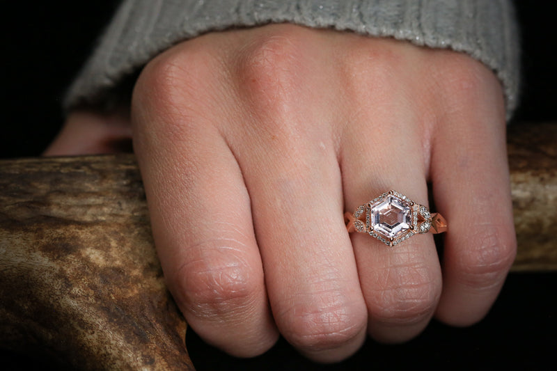 "LUCY IN THE SKY" - HEXAGON MORGANITE ENGAGEMENT RING WITH DIAMOND ACCENTS & INLAYS
