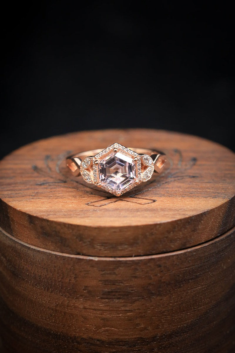  Shown here is The "Lucy in the Sky", a halo-style hexagon morganite women's engagement ring with delicate and ornate details and is available with many center stone options-14K Gold Engagement Ring With Morganite & Diamond Accents - Staghead Designs