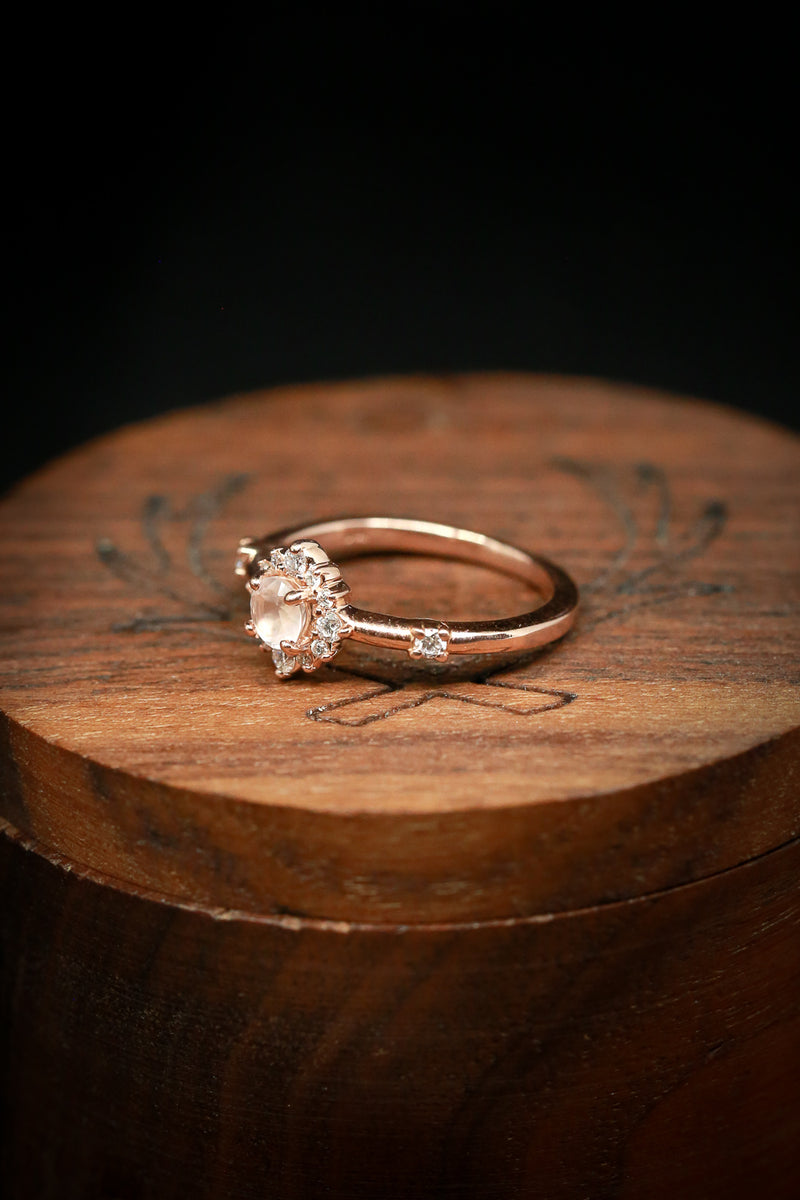 "STARLA" - ROUND CUT ROSE QUARTZ ENGAGEMENT RING WITH STARBURST DIAMOND HALO-9