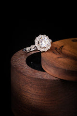 ROUND CUT MOISSANITE ENGAGEMENT RING WITH DIAMOND HALO & ACCENTS