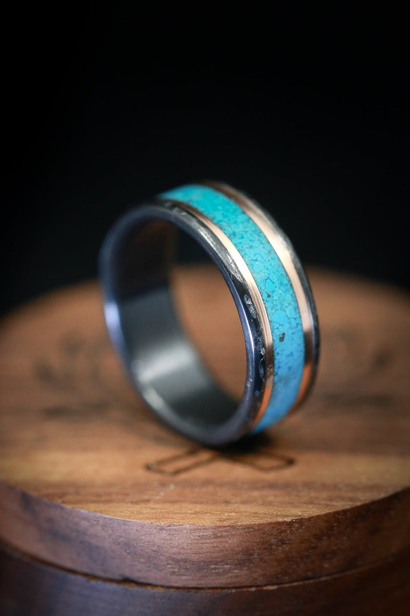 Black Zirconium Wedding Band With Turquoise & Gold Inlays - Staghead Designs