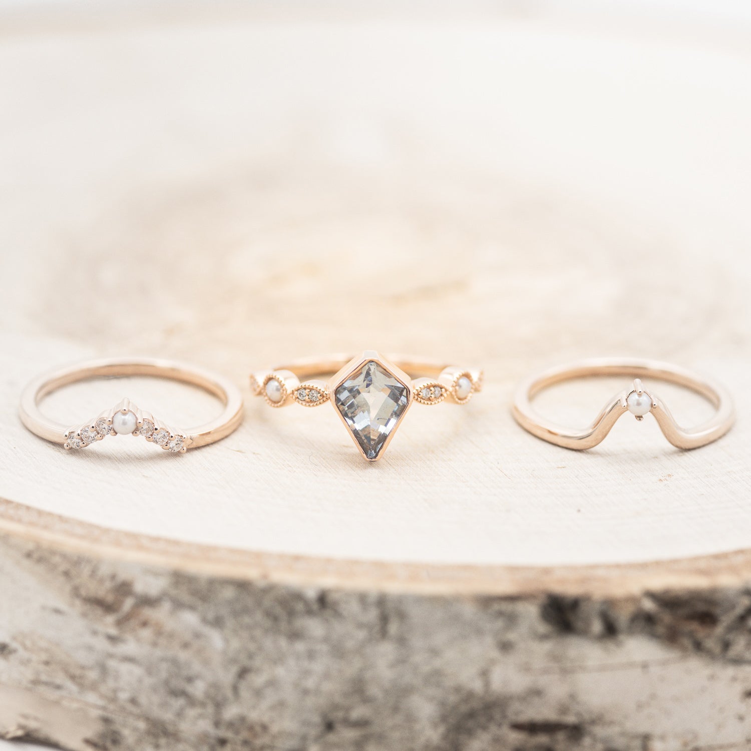 "BIANCA" - BRIDAL SUITE - KITE CUT AQUAMARINE ENGAGEMENT RING WITH PEARL & DIAMOND ACCENTS-6