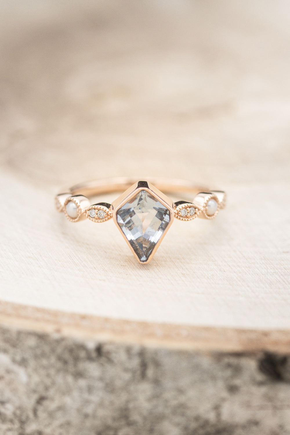 "BIANCA" - BRIDAL SUITE - KITE CUT AQUAMARINE ENGAGEMENT RING WITH PEARL & DIAMOND ACCENTS-11