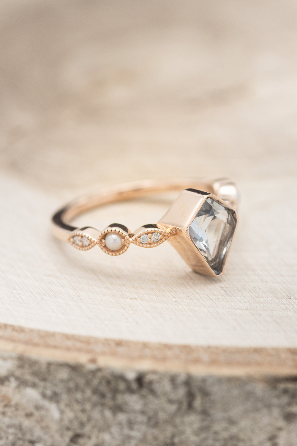 "BIANCA" - BRIDAL SUITE - KITE CUT AQUAMARINE ENGAGEMENT RING WITH PEARL & DIAMOND ACCENTS-10