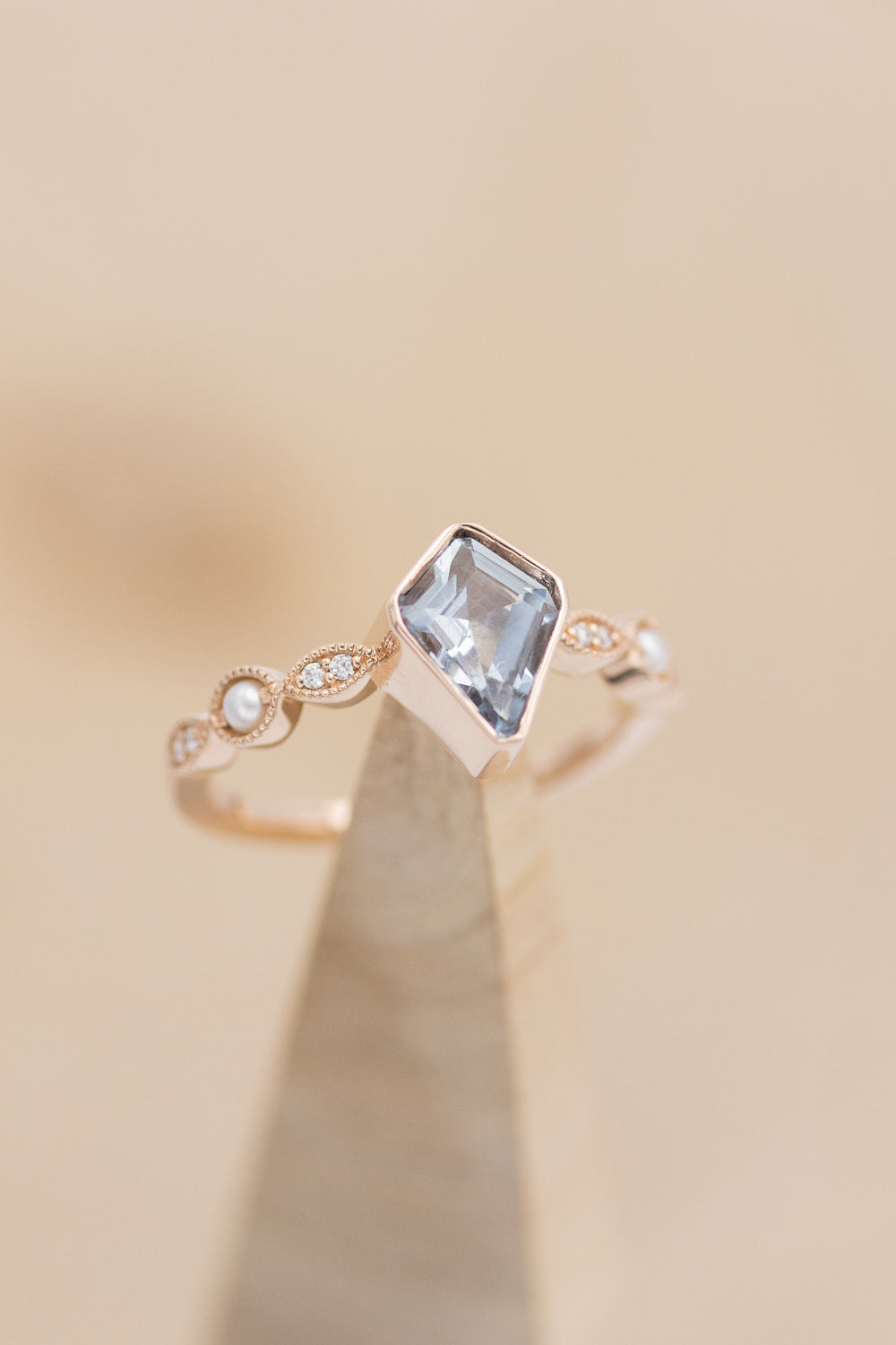 "BIANCA" - BRIDAL SUITE - KITE CUT AQUAMARINE ENGAGEMENT RING WITH PEARL & DIAMOND ACCENTS-7